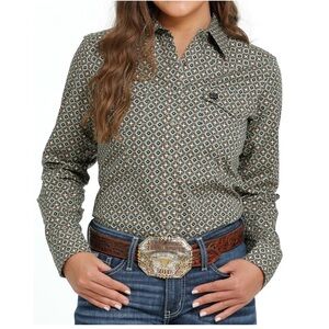 Cinch Pearl Snap Top Shirt Womens XXL Western Olive Print Rodeo Cowgirl
